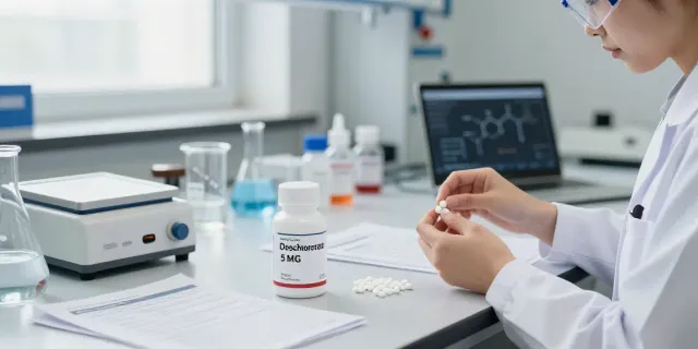 Researcher examining DeschloroEtizolam 5 MG Pellets in a well-lit lab.