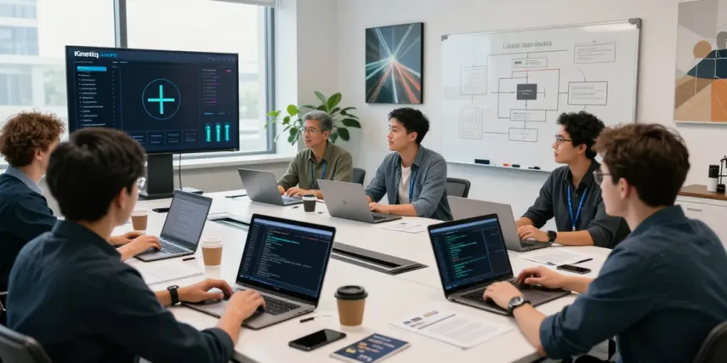 Team discussing Kinetiq kHYPE blockchain technology in modern workspace.