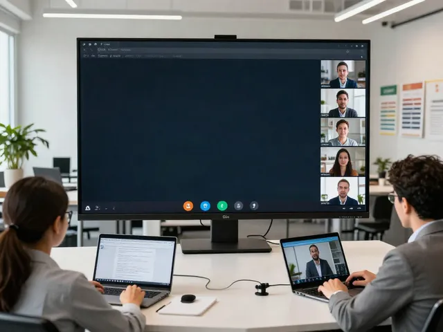 Deepfake protected Online Video Calls: professionals in a secure video conferencing setup highlighting collaboration.