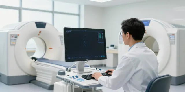 Moderne Radiologie Wolfsburg: Diagnostiker mit CT-Scan und modernem Equipment.