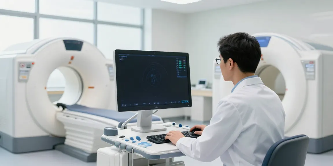 Moderne Radiologie Wolfsburg: Diagnostiker mit CT-Scan und modernem Equipment.