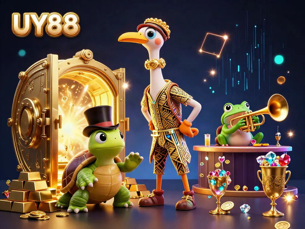 Experience excitement at UY88 with its vibrant casino scene featuring treasure and animated characters.