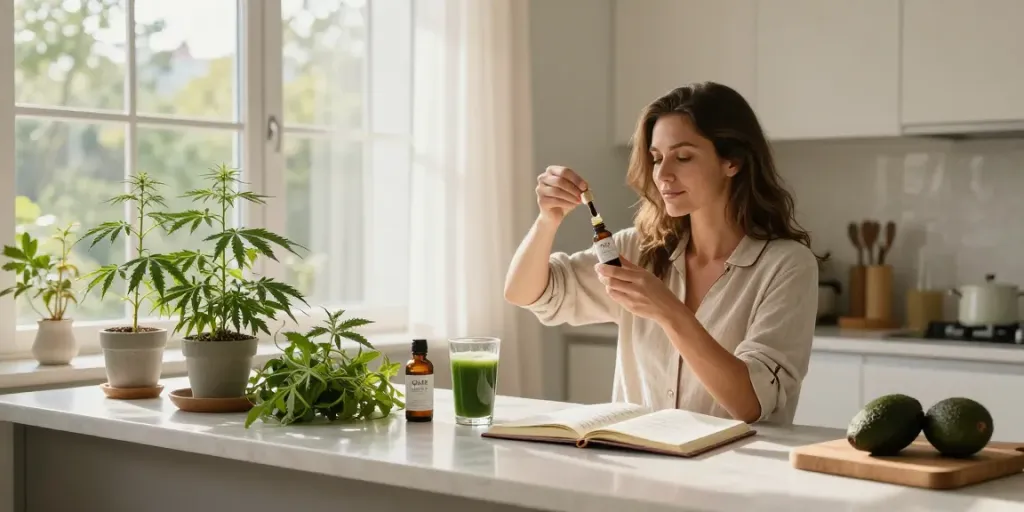 sg lana CBD wellness routine with tincture, herbs, and healthy foods