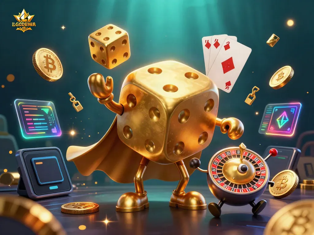 Experience the excitement of LGODEWA with a golden dice golem, juggling for crypto rewards.