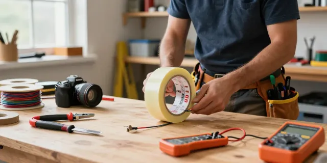 Using Super33 vinyl electrical tape for professional wire insulation in a well-organized workshop.