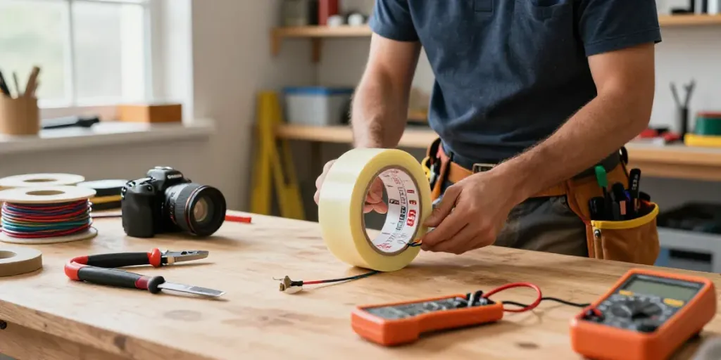 Using Super33 vinyl electrical tape for professional wire insulation in a well-organized workshop.