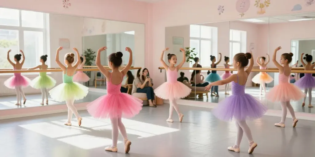 Children in a tutu store dance studio practicing ballet, illuminated by natural light.
