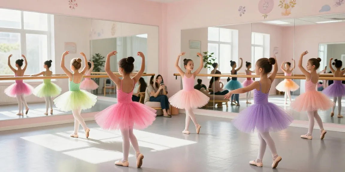 Children in a tutu store dance studio practicing ballet, illuminated by natural light.