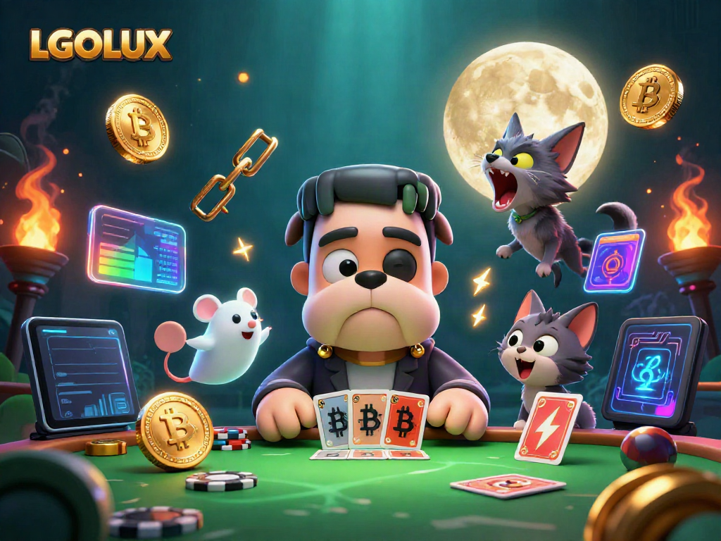 Engage with LGOLUX at a spooky table, with a Frankenstein bulldog monster dealing cards and vibrant crypto elements.