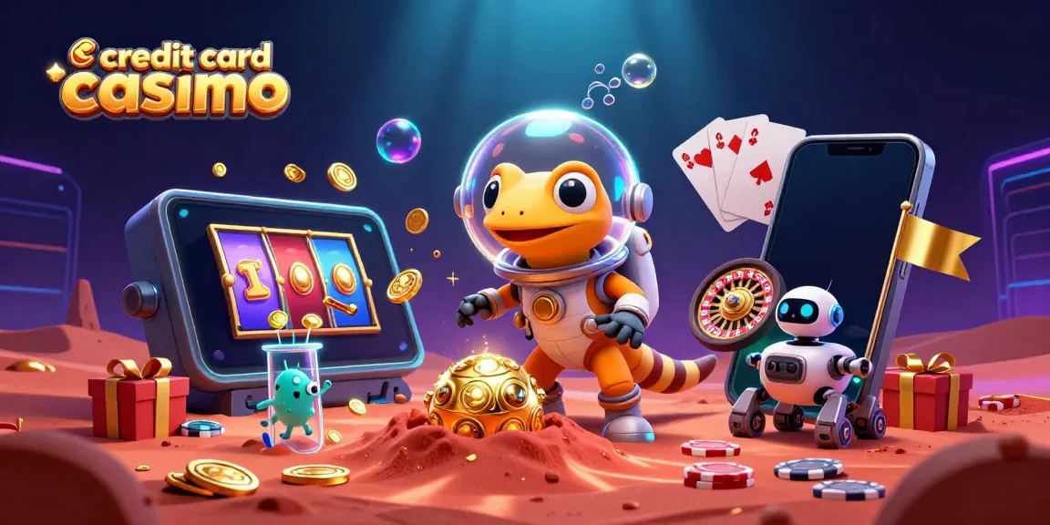 Explore exciting credit card casinos with a Martian gecko unearthing treasures in a cosmic scene.