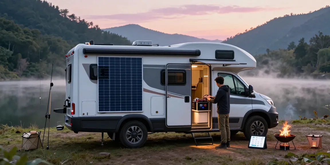 Installing a 12V battery in an RV by a lake, highlighting outdoor adventure.