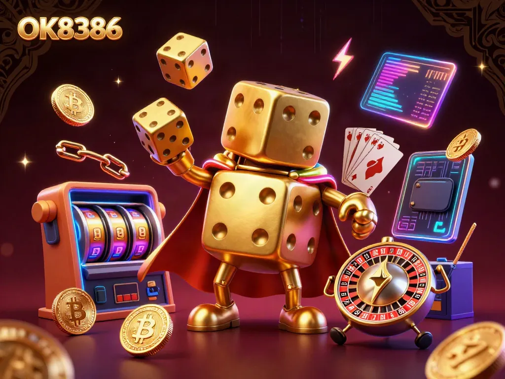 In a vibrant casino scene, OK8386's golden dice golem juggles dice, flanked by crypto coins and slot reels, creating a lively atmosphere.