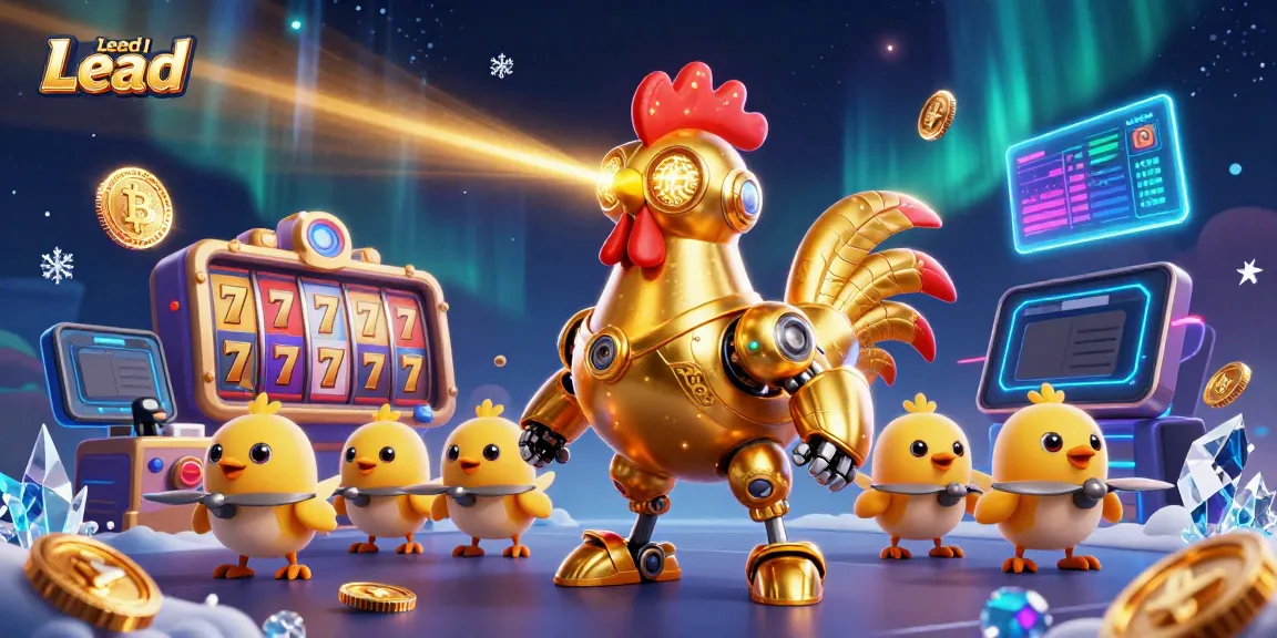 Engage with Lead Roedl's dynamic casino gaming scene featuring a futuristic rooster robot and vibrant slot reels.