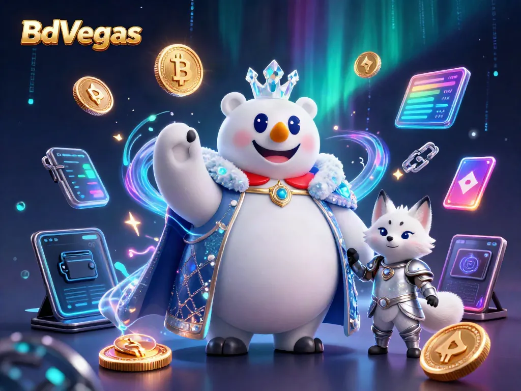 Experience thrilling gaming at BdVegas with a 3D illustration of a polar bear and snow fox in a vibrant casino setting.