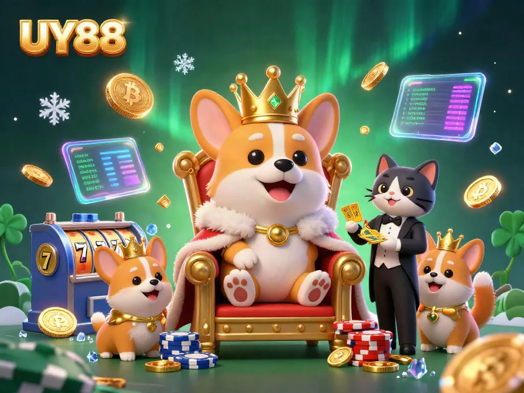 Join the royal corgi at UY88's vibrant casino scene featuring slots, coins, and NFT elements.