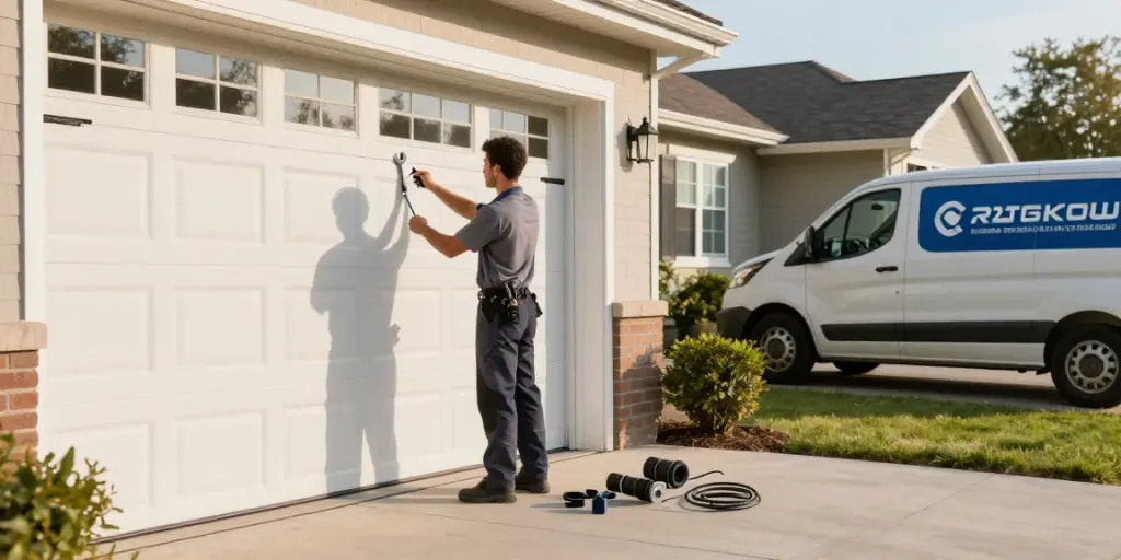 Garage door company near me technician repairing a residential garage door.
