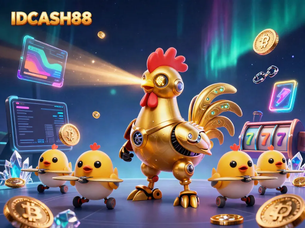 Bet on gaming action with IDCASH88, showcasing vibrant 3D elements, colorful characters, and slot excitement.