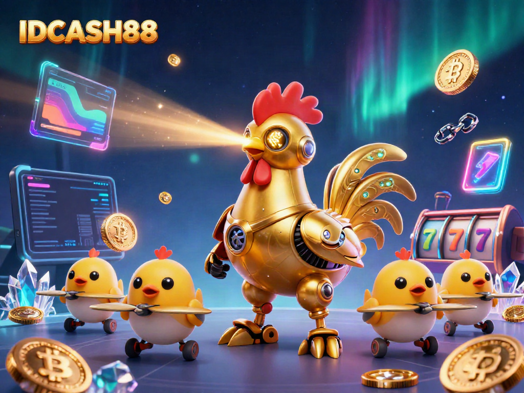 Bet on gaming action with IDCASH88, showcasing vibrant 3D elements, colorful characters, and slot excitement.