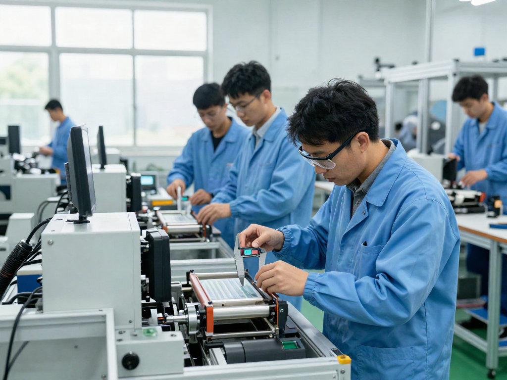 Technicians collaborating in a modern packaging machinery supplier facility, showcasing innovative open-mouth bagging systems.