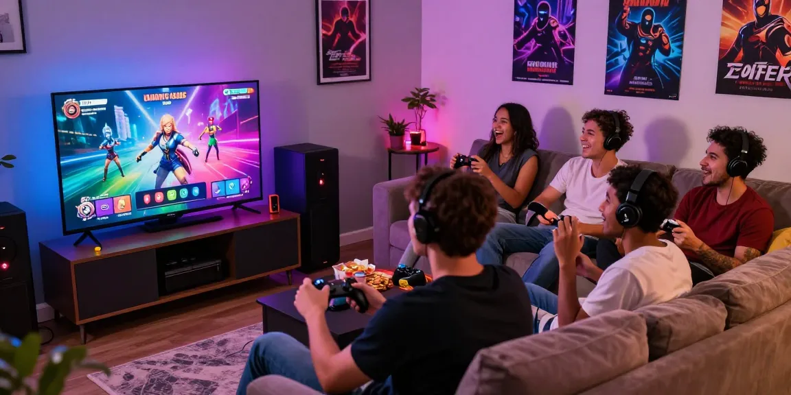 Players enjoying interactive porn games together in a vibrant living room