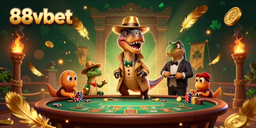 Experience the thrills of 88vbet with an exciting casino scene featuring a cartoon velociraptor and friends.