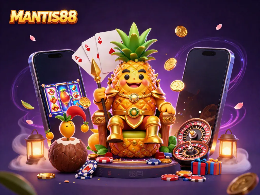 Join the fun at MANTIS88 with a golden pineapple king and vibrant casino elements.
