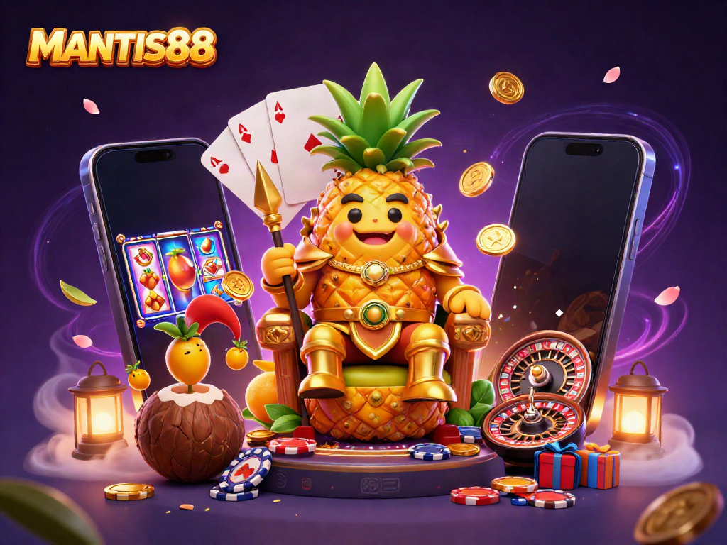 Join the fun at MANTIS88 with a golden pineapple king and vibrant casino elements.