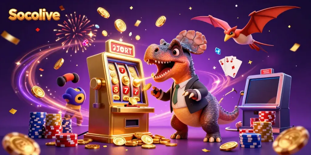 Socolive captures the excitement of a slot machine jackpot celebration, with cascading coins and dynamic action.