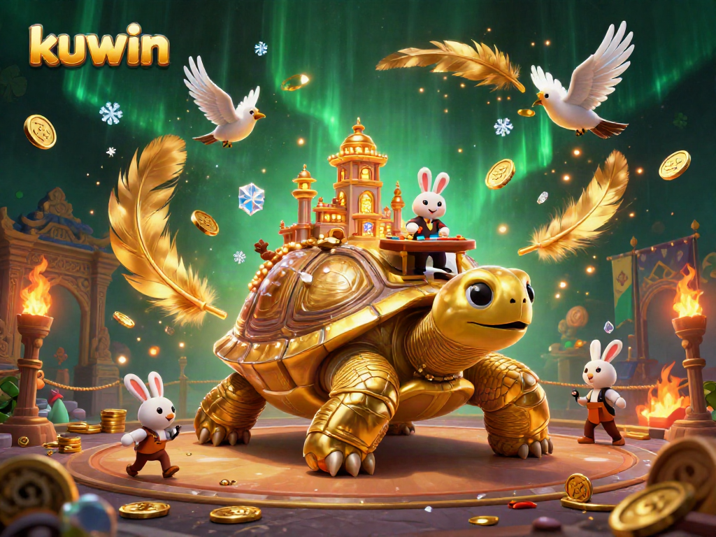 Kuwin casino scene featuring a giant tortoise with a mini casino on its shell, and a rabbit dealer.
