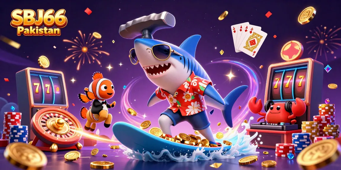 Experience thrilling excitement at SBJ66 Pakistan with a lively 3D casino scene filled with characters, gold coins, and games.