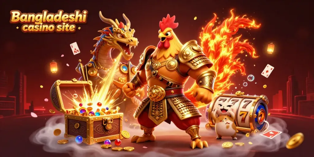 Vibrant scene showcasing a Bangladeshi casino site with festive characters and gaming elements