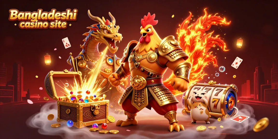 Vibrant scene showcasing a Bangladeshi casino site with festive characters and gaming elements