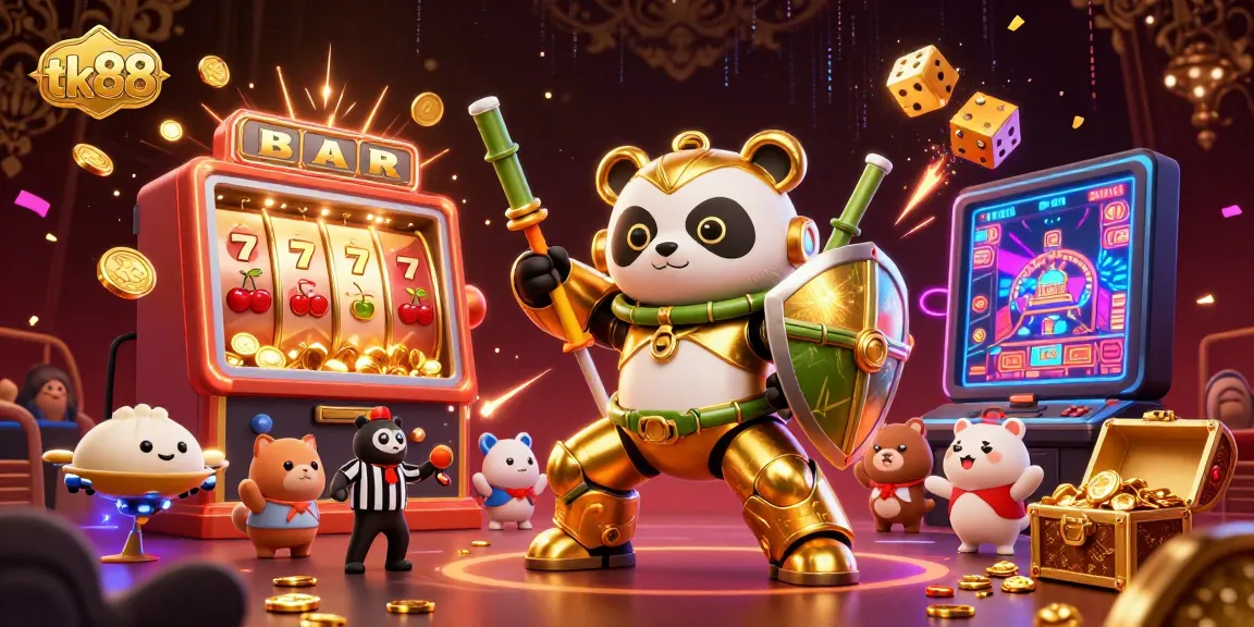 Experience the thrilling excitement of tk88 with a golden panda in a vibrant casino arena.