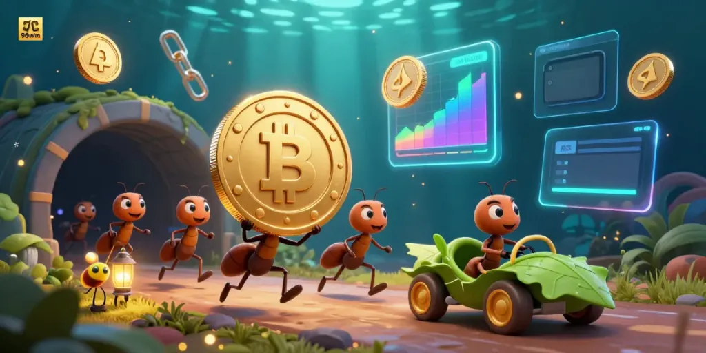 Catch the excitement of 98win with cartoon ants heisting a giant poker chip amid glowing crypto elements.