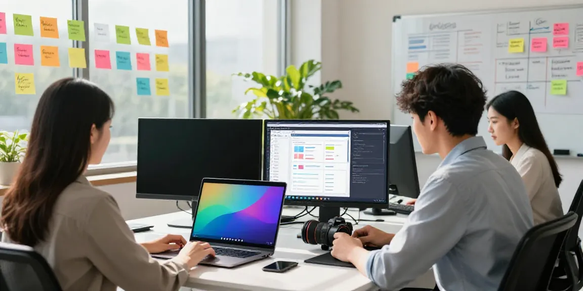 Marketer utilizing an AI landing page copy generator in a lively office environment.