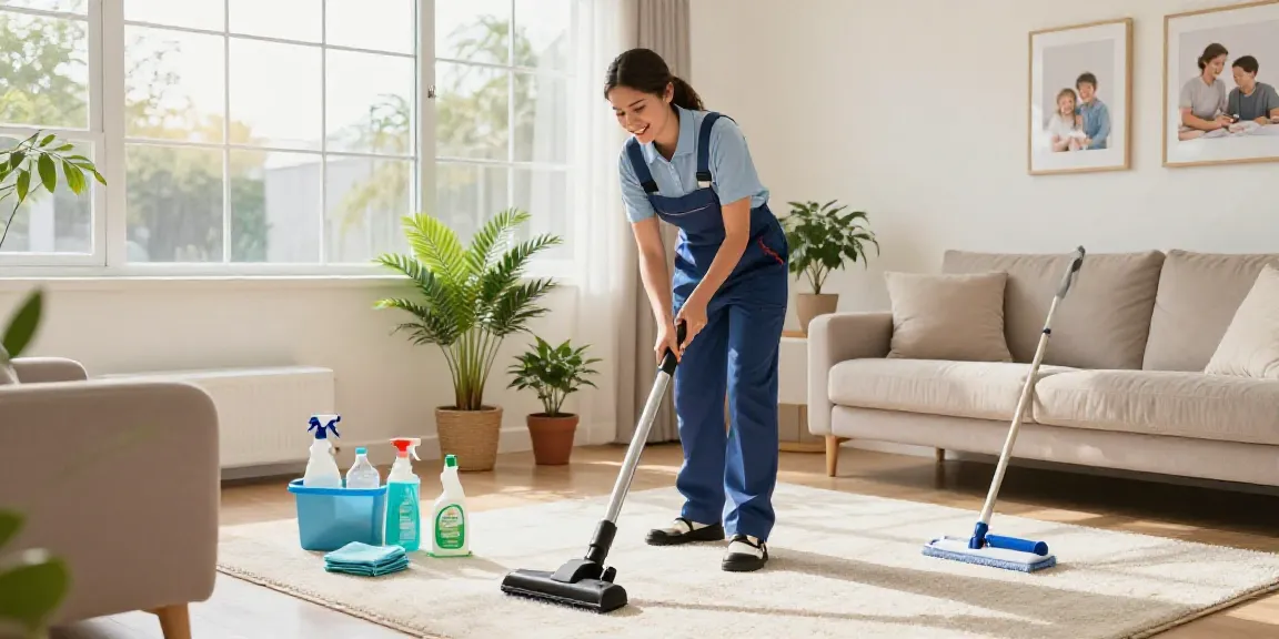 House cleaning melbourne scene with professional cleaner vacuuming a vibrant living room.