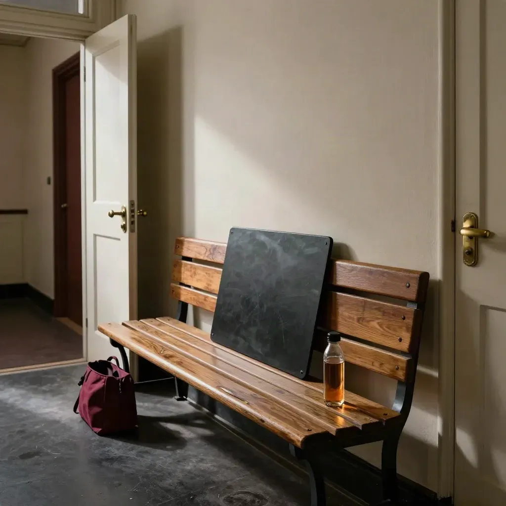 Quiet audition waiting nook with bench, slate, water bottle and bag by an open hallway door