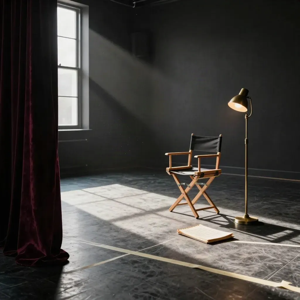Moody rehearsal room with velvet curtain, director's chair, scene binder and brass lamp in warm light