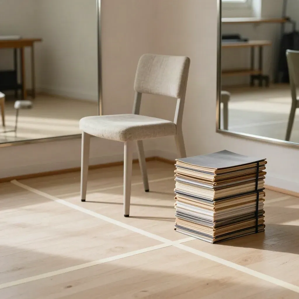 Empty rehearsal studio corner with chair, mirror wall, floor marks, and stacked scene folders.