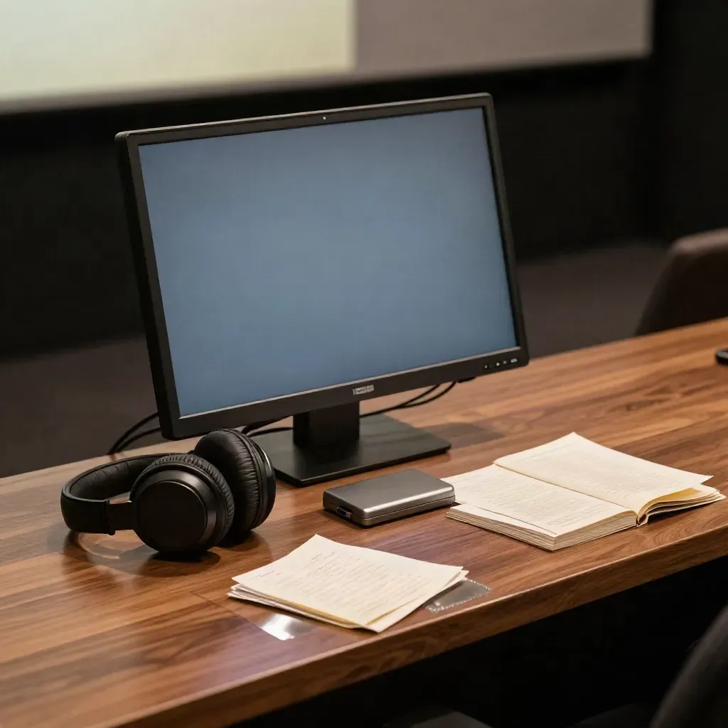Muted monitor, headphones, memory card case, and face-down notes on a walnut playback station.
