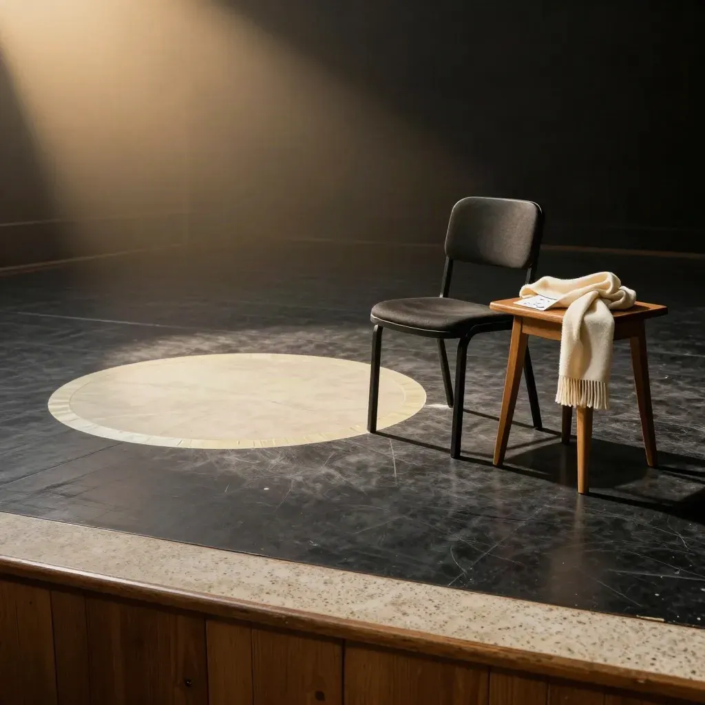 Spotlit rehearsal chair, taped mark and face-down scene cards on a dark stage, seen from floor level.