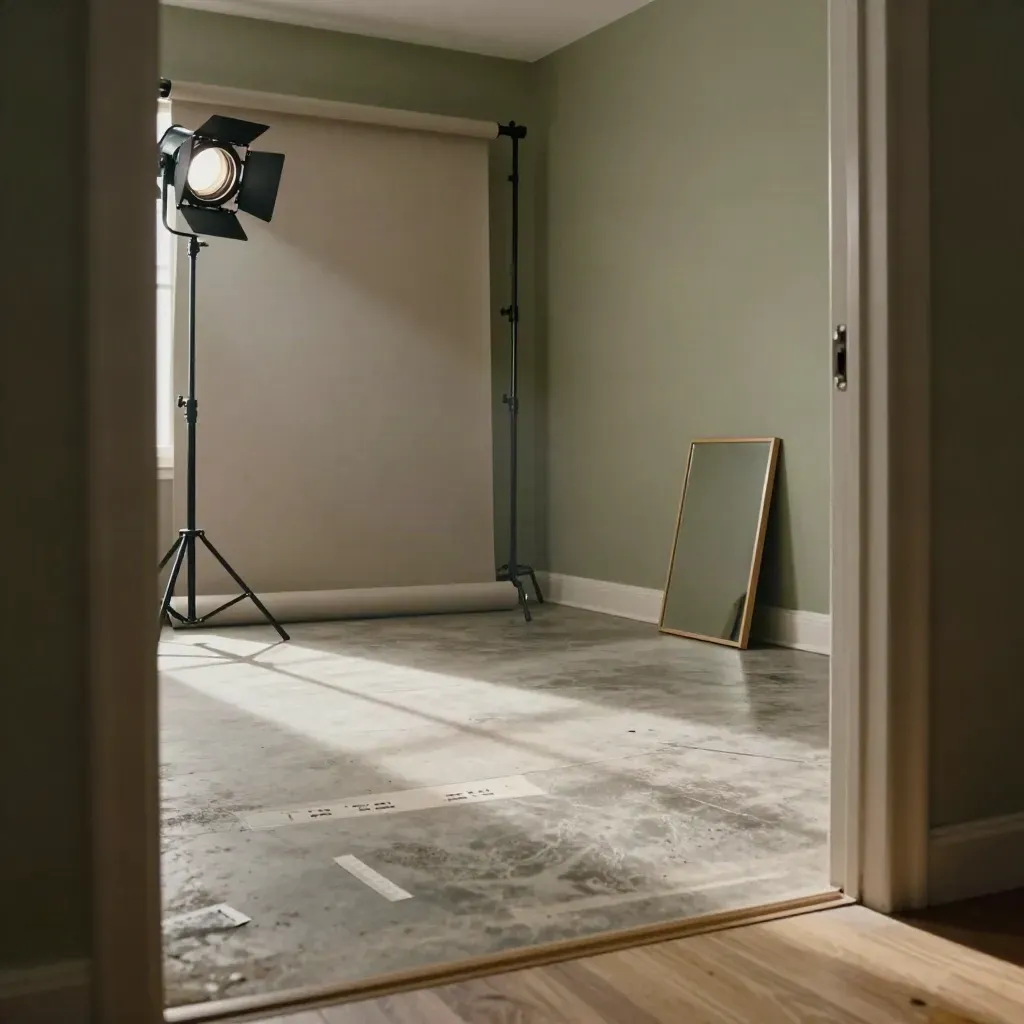 Moody self-tape corner with ring light, floor mark, backdrop stand and leaning mirror.
