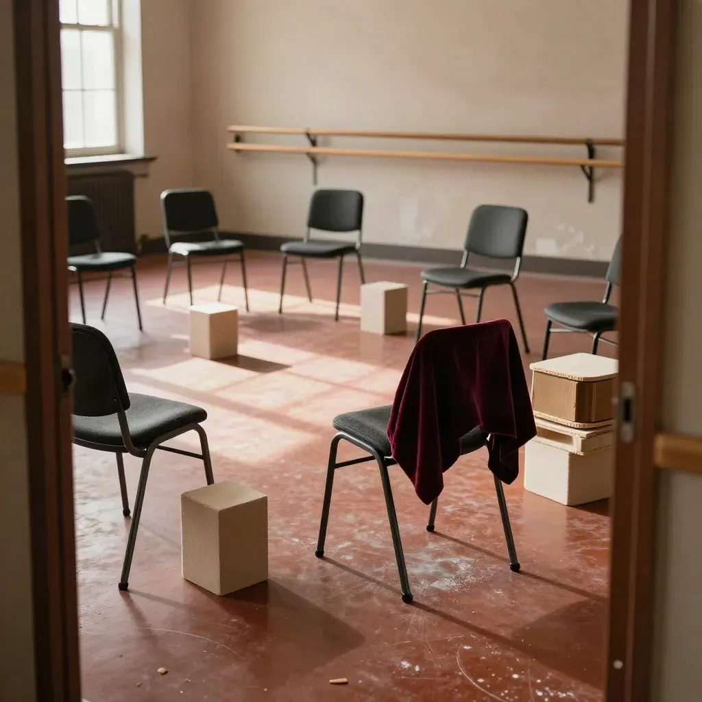 Empty acting workshop after class with pushed-back chairs, foam blocks, drum pad and burgundy drape.