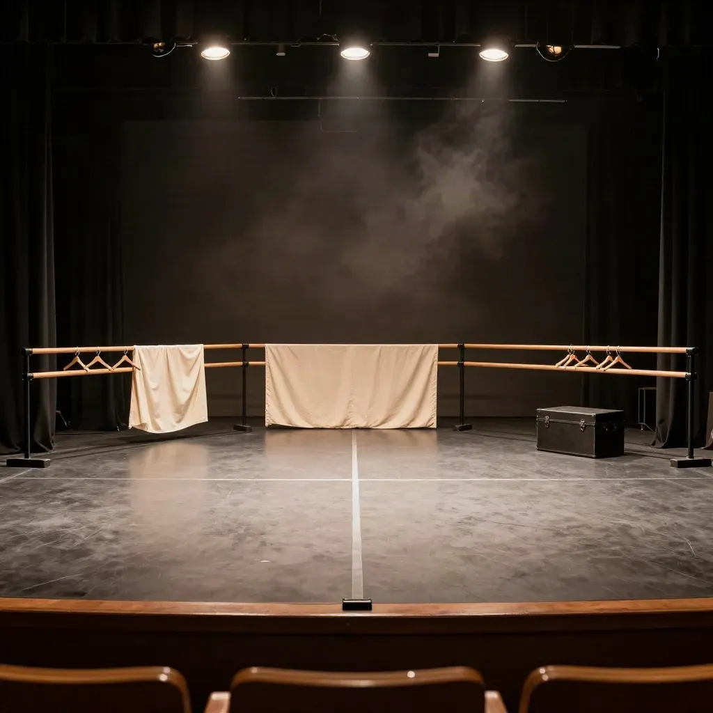 Empty black-box stage with taped mark, costume rail, and warm house lights ready for a cold read.