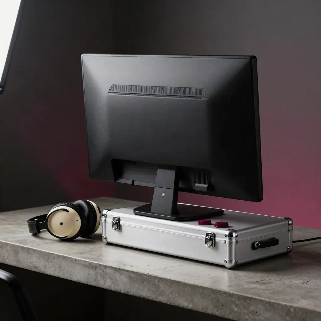 Macro reel station with monitor back, headphones, drive case, and burgundy clip markers