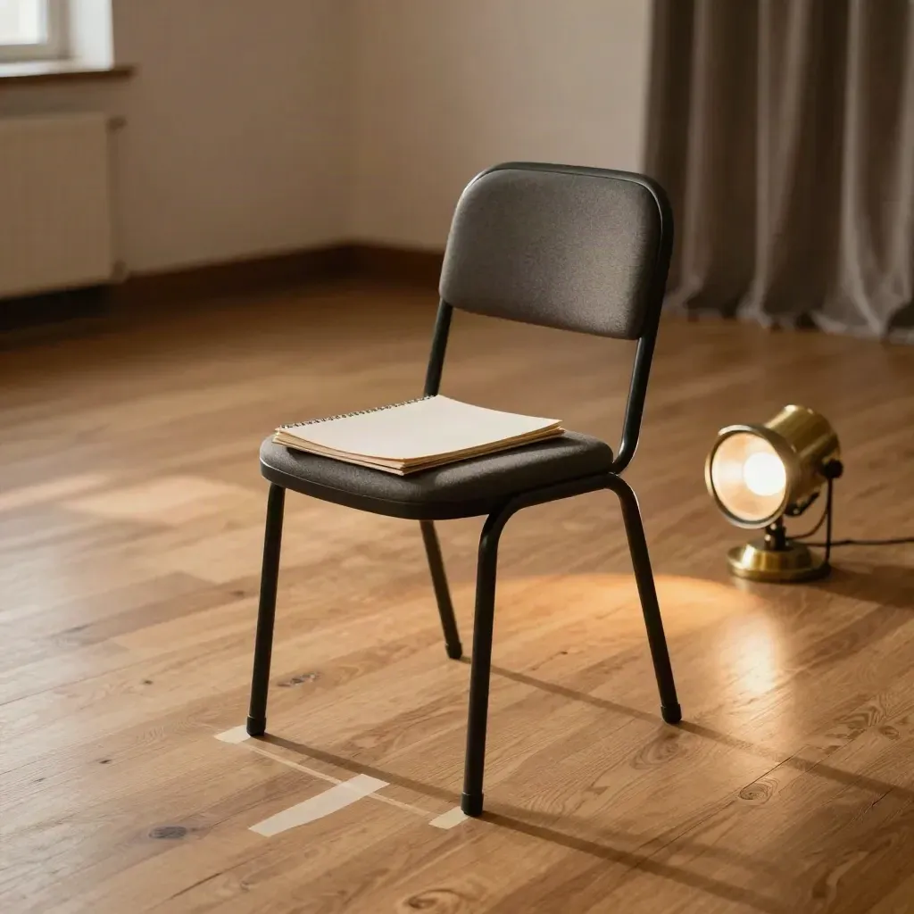 Chair on taped mark with face-down binder and brass light in a warm acting studio.