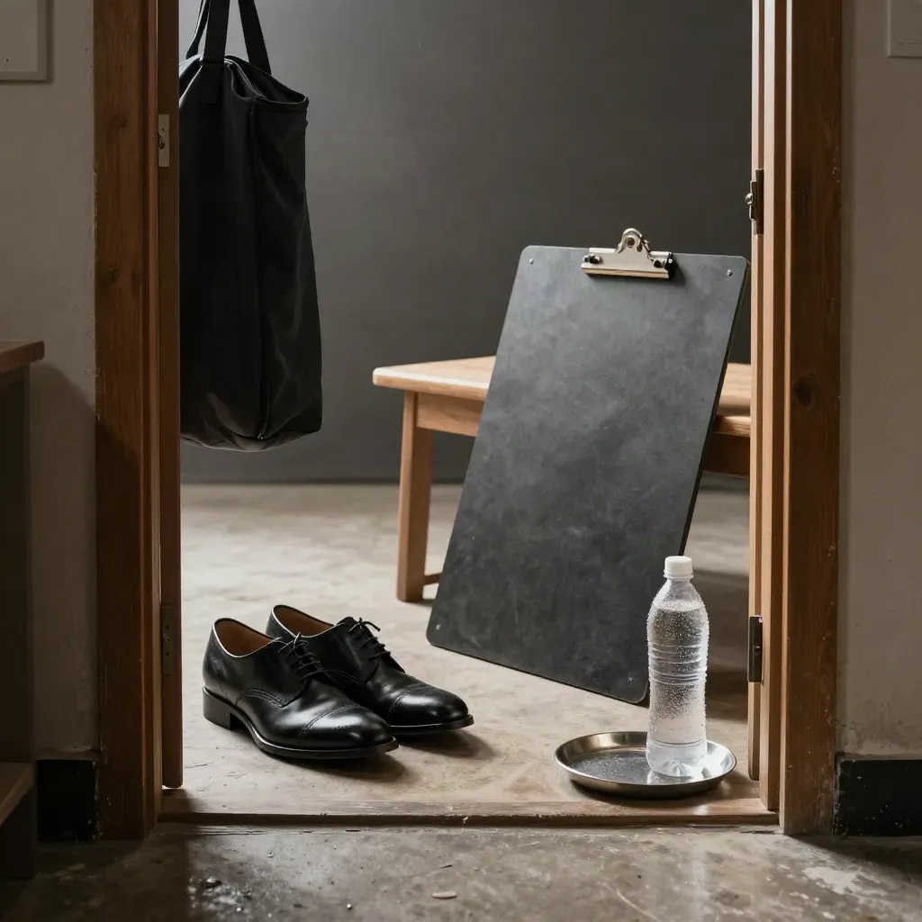 Casting-day prep kit by a doorway: shoes, garment bag, slate board, water bottle, morning haze.