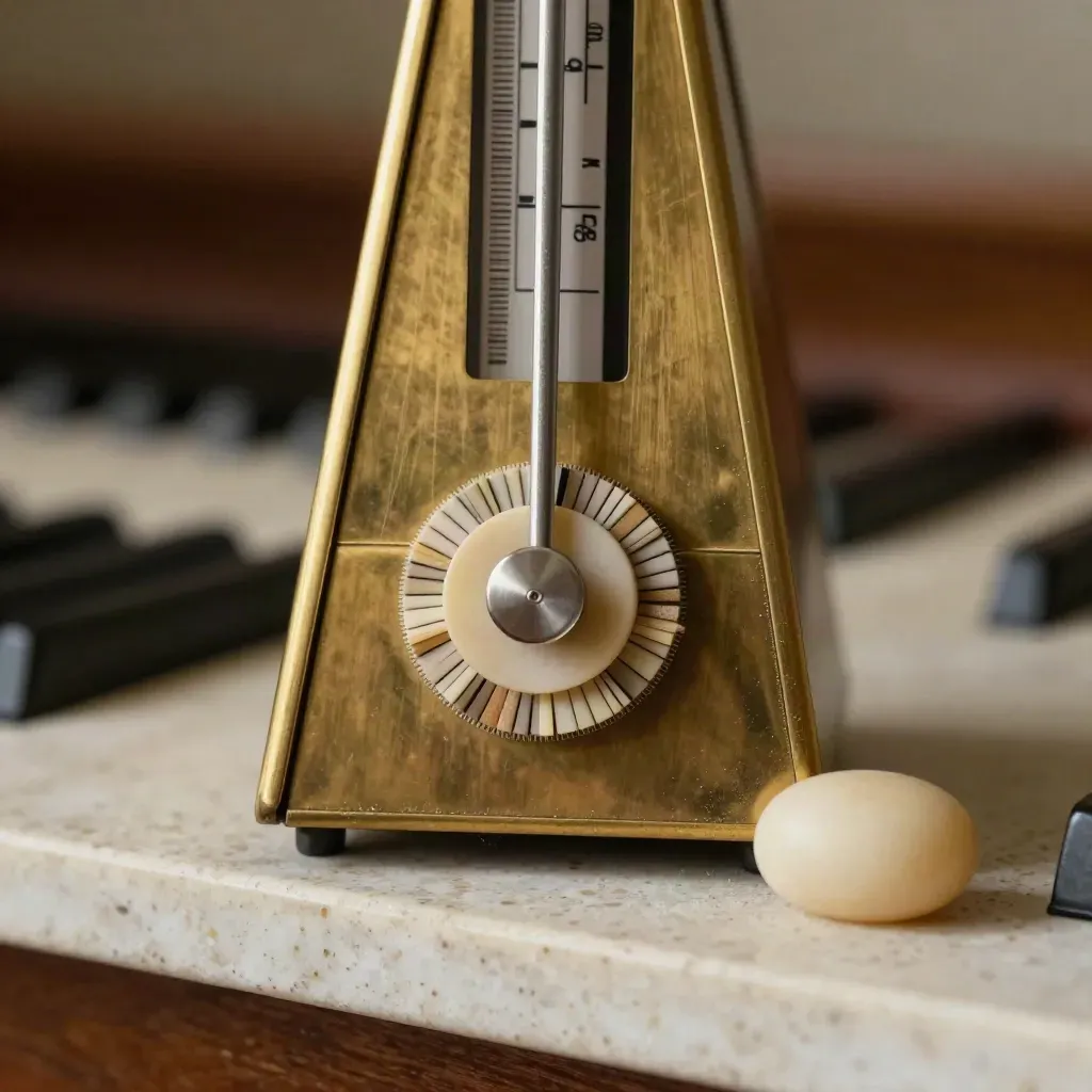 Brass metronome, ivory tabs, and a smoothing stone on travertine under soft daylight.