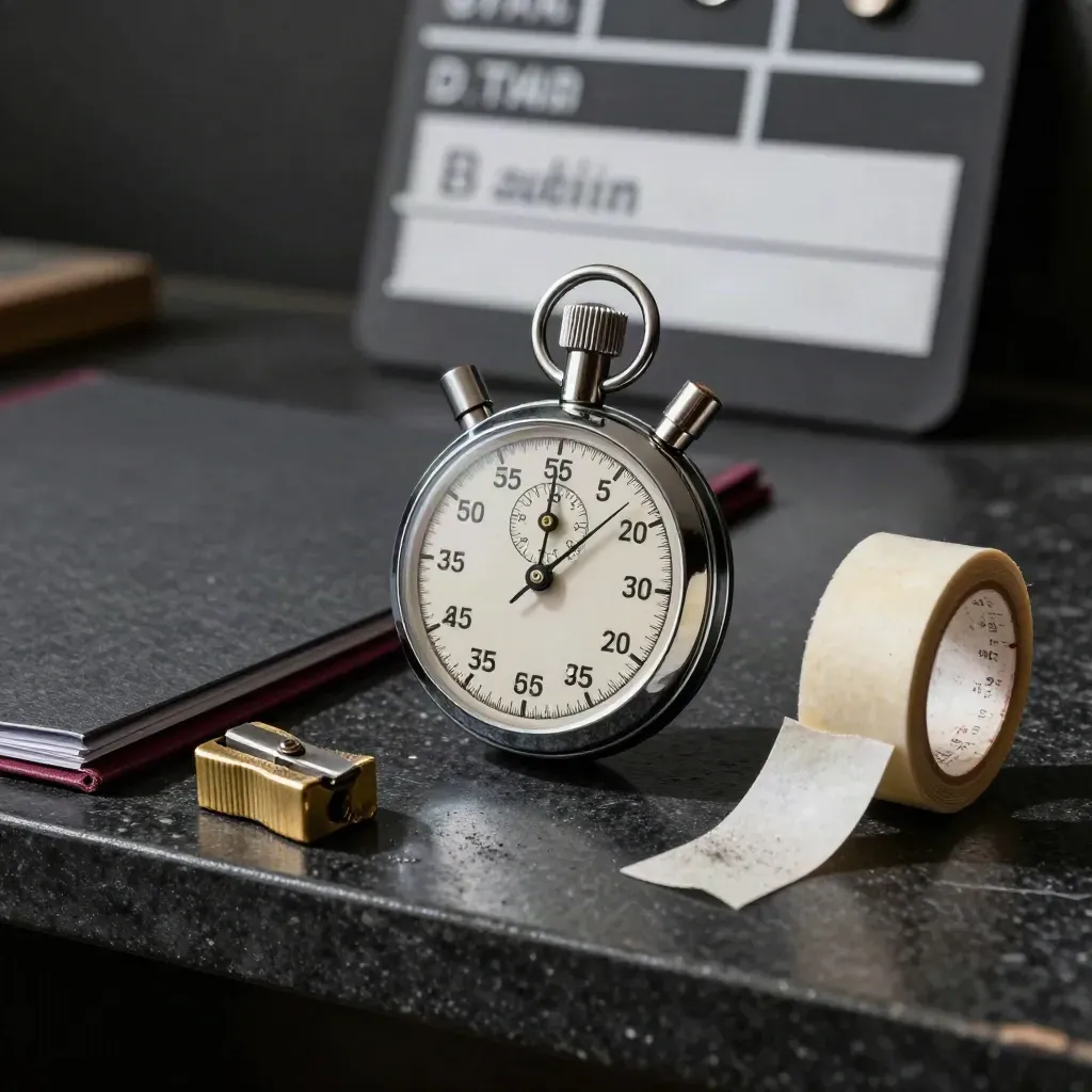 Stopwatch, scene folder, sharpener and stage tape on black stone under dramatic side light.