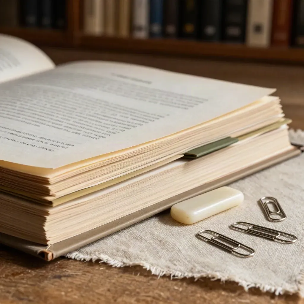 Macro of screenplay pages, color tabs, a bone folder and paper clips on linen.